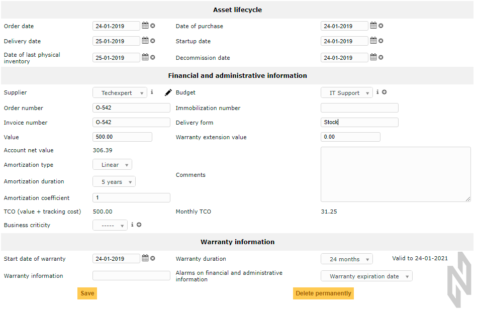 Assets financial information in the system